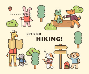 Fototapeta premium Animal hiking poster. Cute animals are traveling through the forest. flat design style minimal vector illustration.