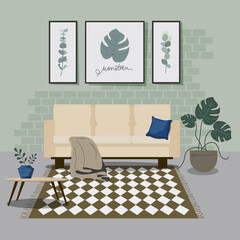 Living room interior with furniture, houseplants and home decorations. Apartment decorated cozy style. Flat cartoon vector illustration.	