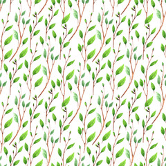 Watercolour spring leaves and branches. Seamless pattern isolated on white background.
