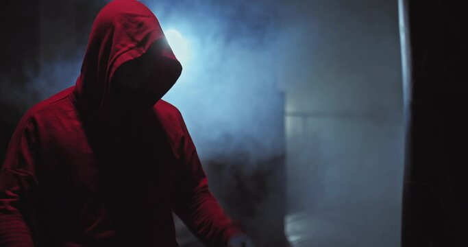 Portrait, silhouette of a male athlete in a hood, tubers of smoke. Fighter makes a series of punches on a punching bag, training before the fight, close-up. 4k, ProRes