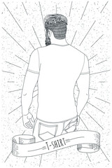 T-shirt on a guy with a beard. T-shirt on a man seen from behind. Vector illustration.