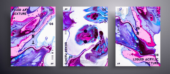 Abstract liquid banner, fluid art vector texture pack.Trendy background that applicable for design cover, poster, brochure and etc. Blue, purple, pink and white unusual creative surface template