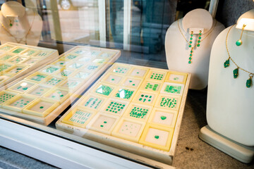 presentation of emeralds in a store, Bogota, Colombia