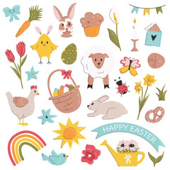 Cute easter design elements set isolated on white. Bundle with rabbit, chick, spring flower, egg, ladybug, hen, bunny, carrot, butterfly, sheep, ornament, garland. Vector flat linear illustration