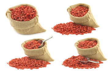 dried goji berries (Lycium Barbarum - Wolfberry) in a burlap bag on white background
