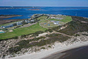 Fototapeta na wymiar Aerial View of Fort Caswell with the waterway behind.