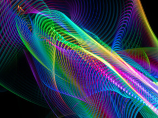 light painting photography, waves of vibrant color against a black background. Long exposure photo...
