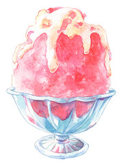 かき氷　練乳いちご　水彩画