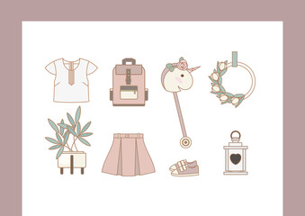 Set of personal belongings, objects of a young girl icons