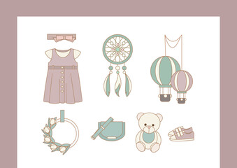 Set of personal objects of a young girl icons