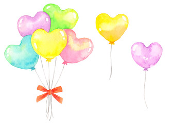カラフルなたくさんの風船　ハート型　水彩画