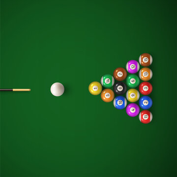 Colorful realistic billiard balls on table before hitting by cue recreational game on green canvas