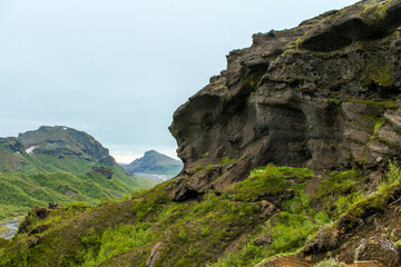 Fototapeta na wymiar Giant lava formations in Thorsmoerk, Fimmvorduhals hiking trail, Iceland