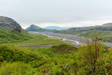 View into the valley of Thorsmoerk, Fimmvorduhals hiking trail, Iceland