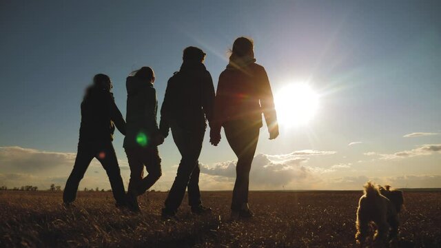happy family and dog silhouette walking at sunset teamwork. group of people friends walking holding hands slow motion video. Teamwork lifestyle happy family party and pet concept