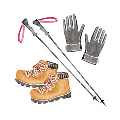 登山 ハイキング トレッキング 道具　登山靴 手袋 ポール　水彩 イラスト