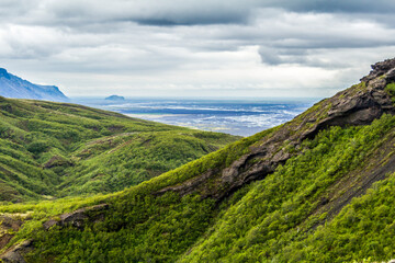 View into the valley of Thorsmoerk, Fimmvorduhals hiking trail, Iceland