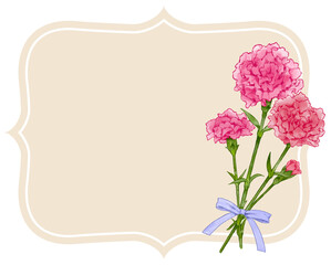 カーネーションの花束とリボンのおしゃれなフレーム素材　花の水彩風手描きイラスト