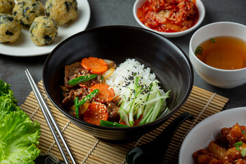 Stir Fried Pork with Korean Sauce on dark background