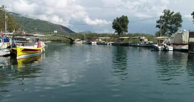 Aerial view of Akyaka town and High mountains next to the sea Mugla Turkey
