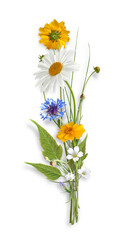 Summer bouquet from chamomiles, daisies and cornflowers isolated on white (without shadows)