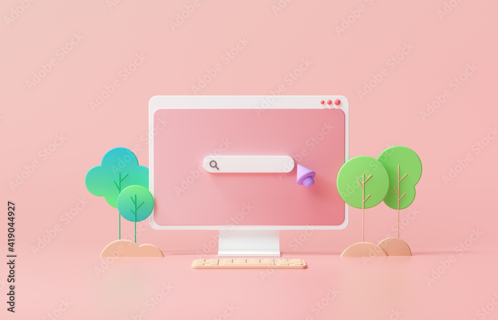Poster search bar webpage on pink background. minimal searching on web search concept. 3d rendering