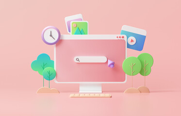 Search bar webpage on pink background. Minimal searching on web search concept. 3d rendering