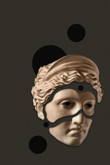 Collage with sculpture of human face in a pop art style. Modern creative concept image with ancient statue head. Zine culture. Contemporary art poster. Funky punk minimalism. Retro surreal design.