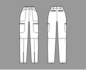Set of Parachute pants technical fashion illustration with normal waist, high rise, pockets, belt loops, full lengths. Flat template front back, white, color style. Women, men, unisex CAD mockup
