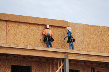 Two construction workers install oriented strand board sheathing on a building frame, demonstrating wood-frame construction methods in commercial or residential infrastructure development projects