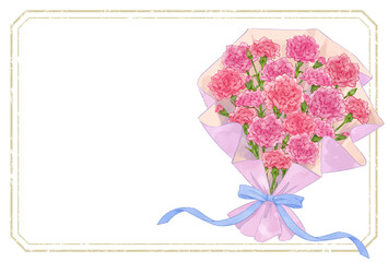 カーネーションの花束のおしゃれなフレーム素材　花の水彩風手描きイラスト