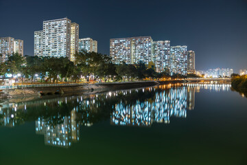 High rise residential building of public estate in Hong Kong city at night