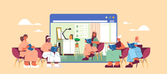 woman in web browser window reading books with mix race women during video call in book club self isolation horizontal full length vector illustration