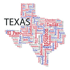 Fototapeta na wymiar Word cloud map design includes all Counties, Cities, Municipalities in the state of Texas. Three different types of fonts are grouped by different colors so they can be easily edited.