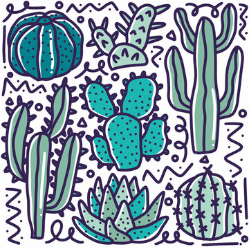doodle set of cactus collection hand drawing