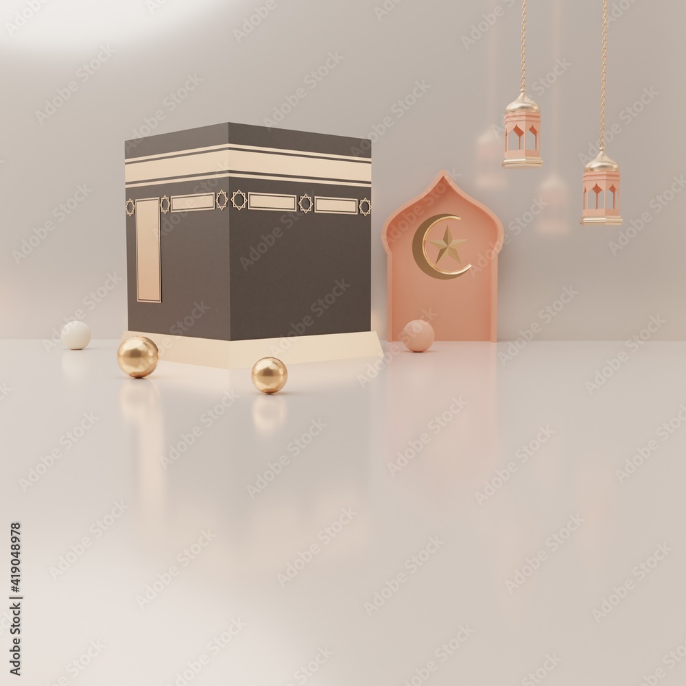 Sticker 3d rendering mecca pilgrimage kaaba eid al fitr or ramadan sale banner social media post template fl