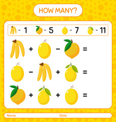 How many counting banana, eggfruit, honeydew melon, lemon. worksheet for preschool kids, kids activity sheet, printable worksheet