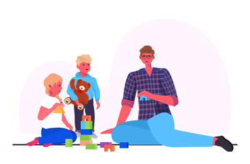 young father playing with little children at home fatherhood parenting concept dad spending time with his kids horizontal full length vector illustration