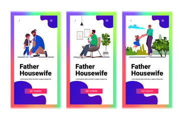 set young father spending time with his child parenting fatherhood concept smartphone screens collection full length horizontal copy space vector illustration