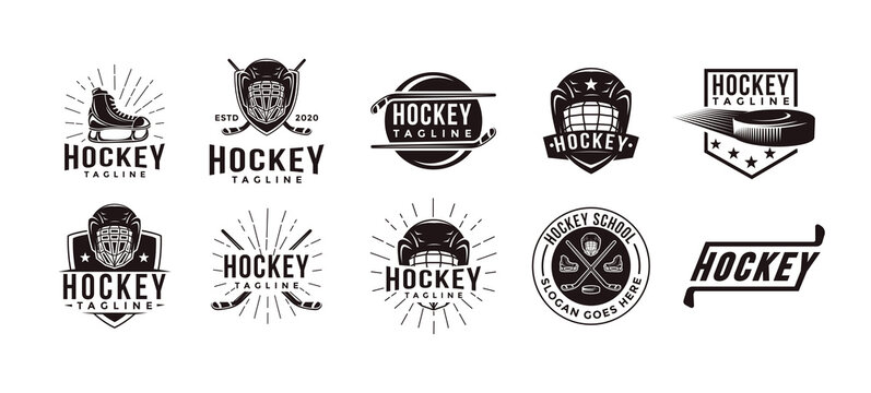 Set of vintage badge patch emblem Vintage seal badge hockey sport logo with hockey equipment vector icon on white background