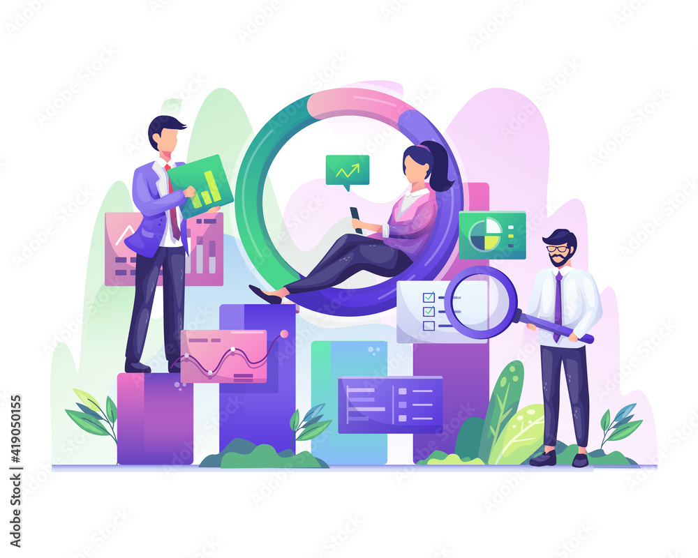 Poster data analysis concept with character people works with charts and graphic data visualization vector 