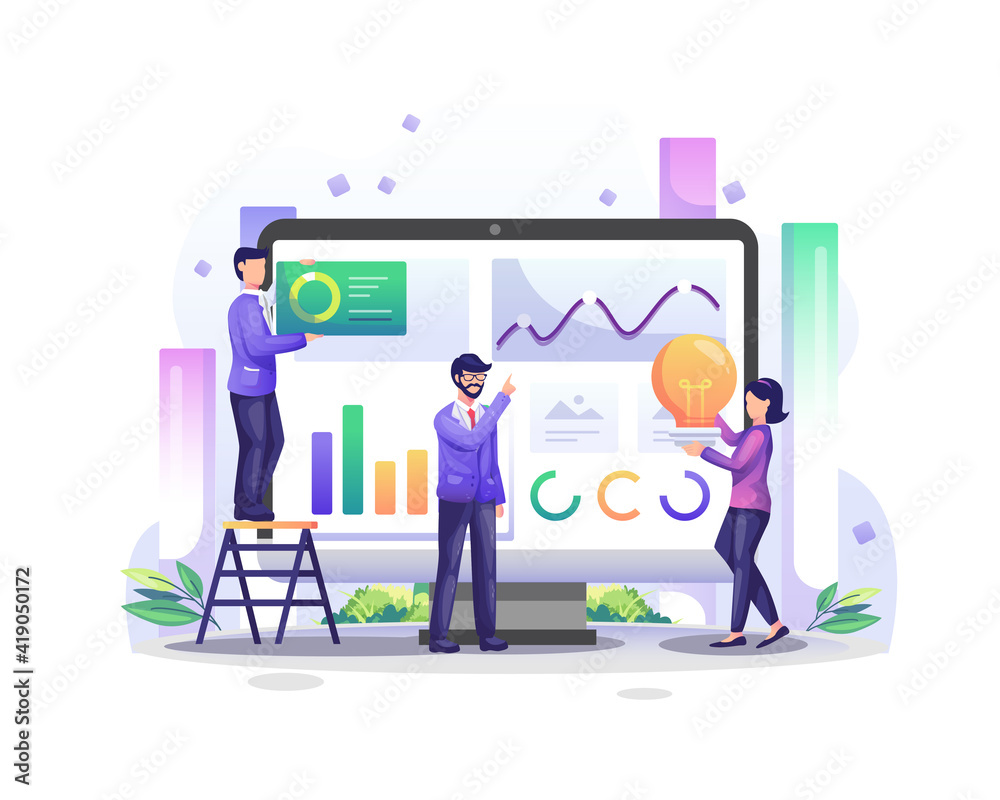 Poster data analysis concept with character people on computer screen analyzes charts and graphic data visu
