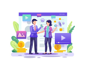 Referral marketing, affiliate marketing, a business partnership with two business people agree on the referral program vector illustration