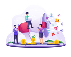 Marketing strategy concept, businessman shout on the giant megaphone for promotion. Referral marketing, affiliate marketing vector illustration