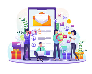 Referral and affiliate partnership program with businessman Referring people using a smartphone. Marketing strategy concept vector illustration