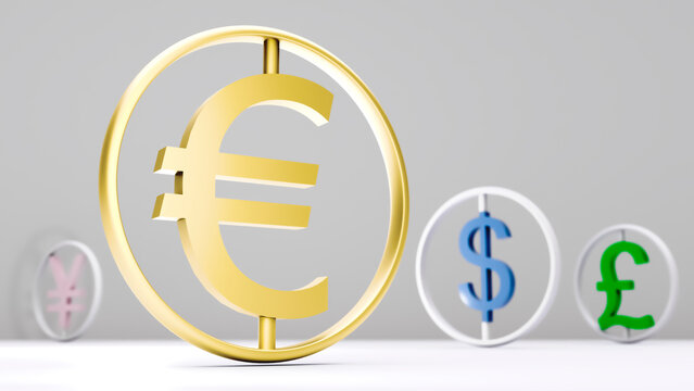 Round-framed gold-plated euro symbol dominates other currency symbols against a neutral gray background with room for text or logo. Finance concept. Rendering 3D
