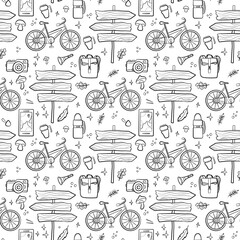 Hiking and camping seamless pattern with travel elements. Seamless pattern for design, posters, backgrounds Hiking, travel and camping theme. Byke, sing, campfire, map, camera, binoculars in line