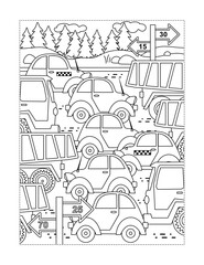 Coloring page with high traffic on the road
