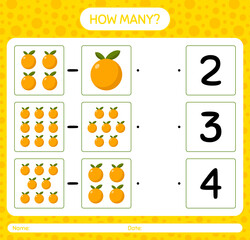 How many counting game with orange worksheet for preschool kids, kids activity sheet, printable worksheet