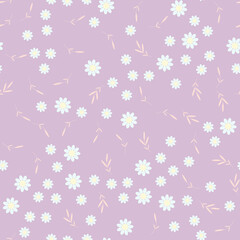 Seamless floral pattern. White chamomile or daisies on a lilac background. Endless patterns for textiles and fabrics, wrapping paper, packaging. Vector image. Flat style
